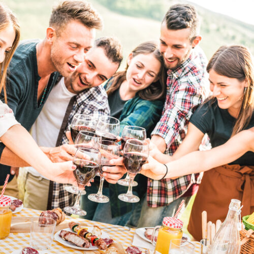 Young friends having genuine fun outdoor toasting red wine at open air bar-b-q party - Happy people eating grilled food in farmhouse vineyard winery - Youth friendship concept on warm contrast filter
